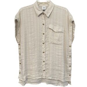 cabi Linen Blend Button Down Shirt XS Beige Striped Side Button Top